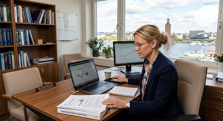 Ekonom vid skrivbord med analyser
