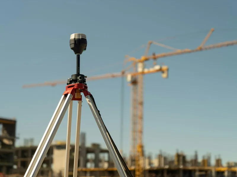 GNSS-mottagare på stativ framför en byggarbetsplats